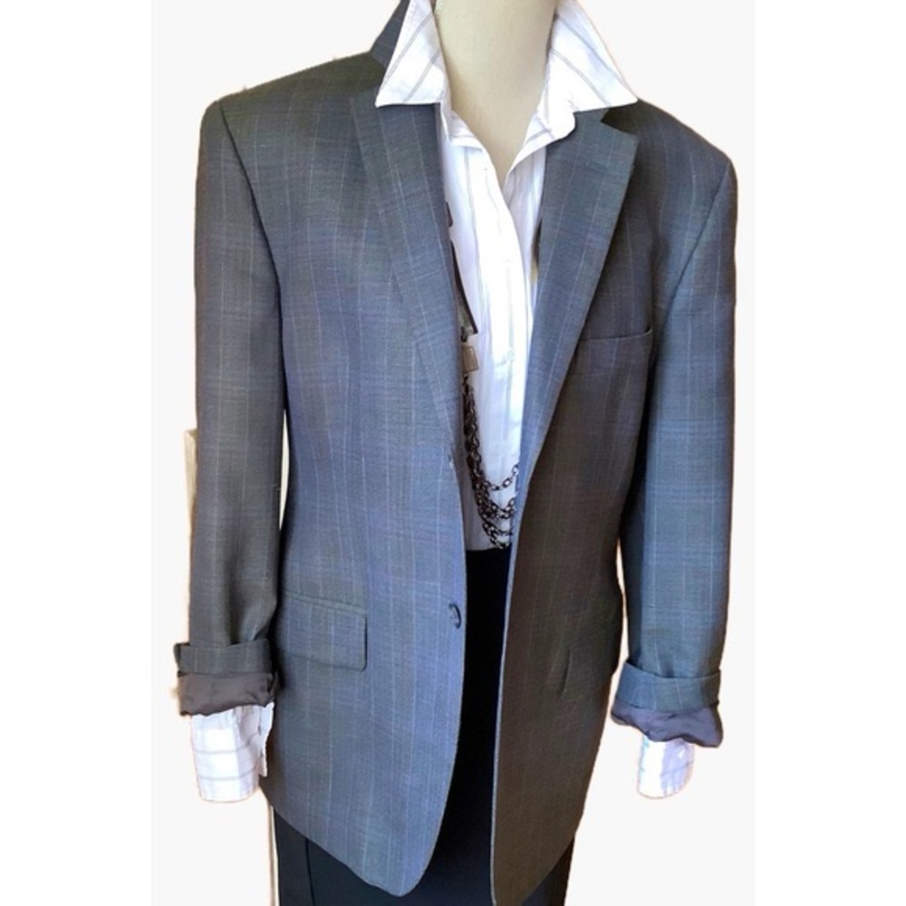 VINTAGE Gray Plaid Wool/Silk Structured Menswear Blazer